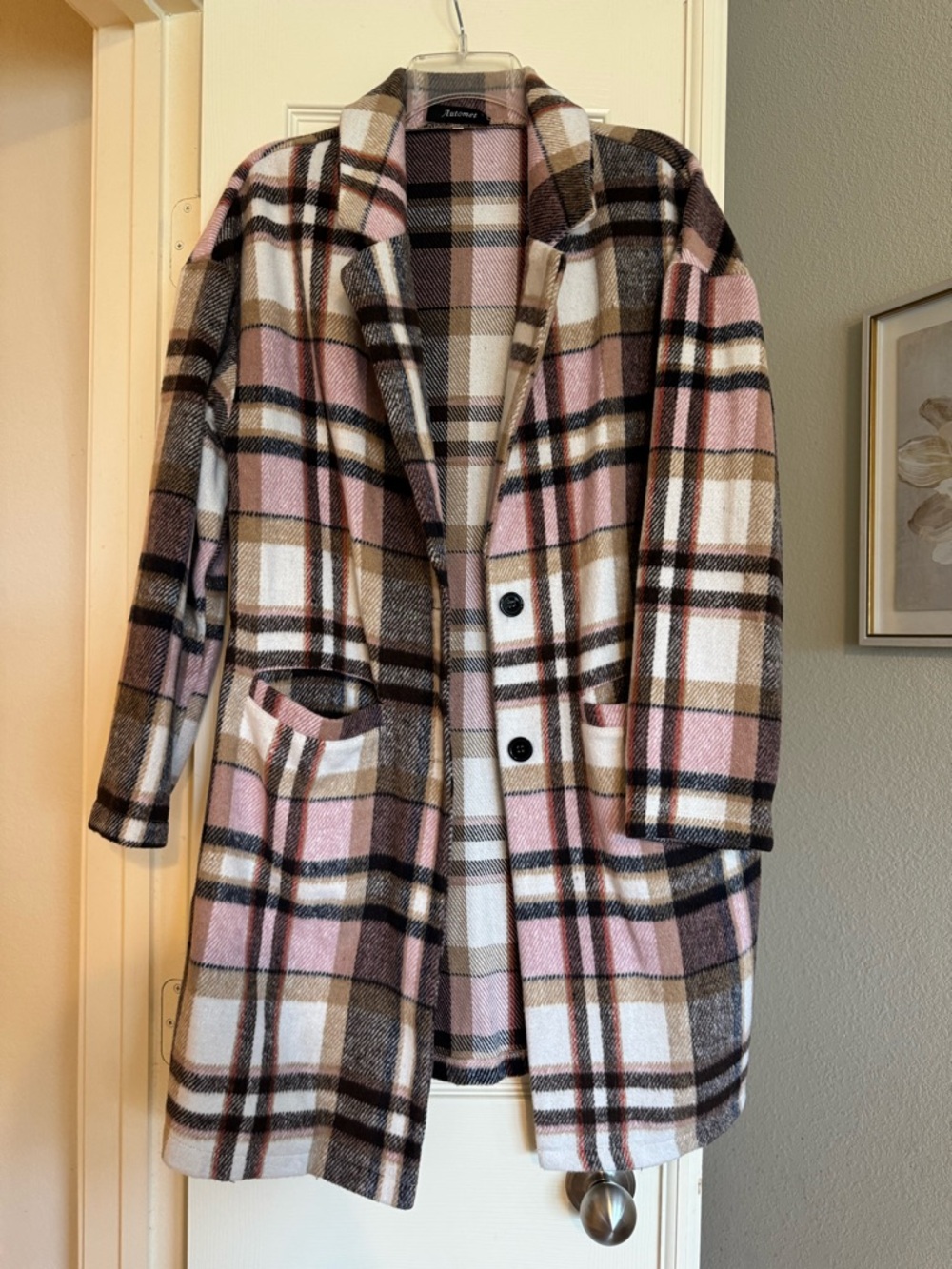 Unknown Brand Pink Plaid Wool-Blend Long Coat